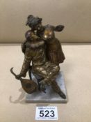 A COLD PAINTED BERGMAN BRONZE OF A MUSICIAN AND FAIRLADY SIGNED TO THE BACK 15CM