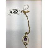 AN 18CT GOLD AMETHYST AND REAL PEARL SET PENDANT (UNMARKED) ON AN 18CT GOLD CURB LINK CHAIN, 5