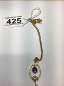 AN 18CT GOLD AMETHYST AND REAL PEARL SET PENDANT (UNMARKED) ON AN 18CT GOLD CURB LINK CHAIN, 5