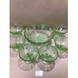 A VINTAGE GREEN GLASS SUNDAE SET