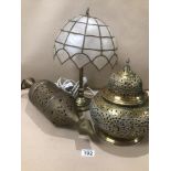 TWO MIDDLE EASTERN BRASS INCENSE BURNERS WITH A GILT BRONZE TABLE LAMP