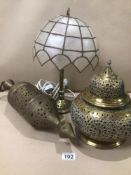 TWO MIDDLE EASTERN BRASS INCENSE BURNERS WITH A GILT BRONZE TABLE LAMP