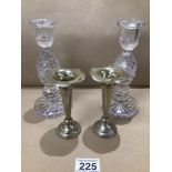 TWO PAIRS OF CANDLESTICKS CUT GLASS AND SILVER PLATED LARGEST 19CM