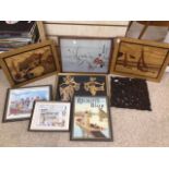 MIXED ITEMS INCLUDES FRAMED AND GLAZED REPRODUCTION POSTERS, CARVED WOODEN WALL PLAQUE, AND MORE