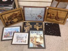 MIXED ITEMS INCLUDES FRAMED AND GLAZED REPRODUCTION POSTERS, CARVED WOODEN WALL PLAQUE, AND MORE