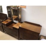 A VINTAGE DRESSING TABLE WITH TRIPLE MIRROR WITH THREE DRAWER CHEST BOTH IN OAK