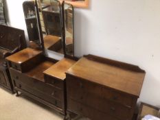 A VINTAGE DRESSING TABLE WITH TRIPLE MIRROR WITH THREE DRAWER CHEST BOTH IN OAK