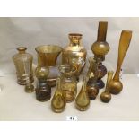 A QUANTITY OF AMBER VINTAGE GLASS INCLUDING MURANO AND OIL LAMPS