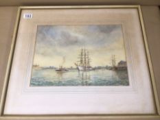 FRAMED AND GLAZED WATERCOLOUR SIGNED JOHN.H.POWELL OF AN ESTUARY SCENE WITH BOATS 27CM X 38CM, 67