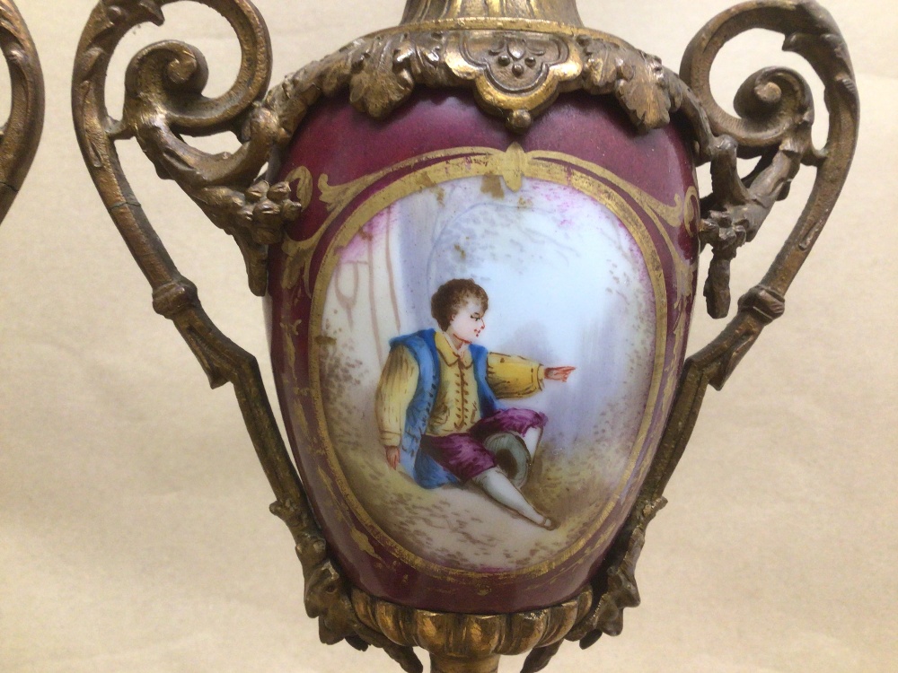 A PAIR OF HAND PAINTED PORCELAIN AND GILT METAL 19TH CENTURY GARNITURE 39CM - Image 6 of 8