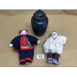 ORIENTAL ITEMS INCLUDING A CLOISONNE LIDDED VASE WITH TWO PORCELAIN HEAD DOLLS