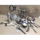 A QUANTITY OF EPNS ITEMS INCLUDES A CUT GLASS LARGE EWER AND COFFEE POTS