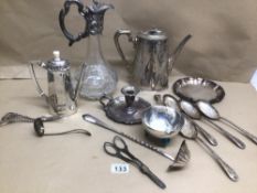 A QUANTITY OF EPNS ITEMS INCLUDES A CUT GLASS LARGE EWER AND COFFEE POTS