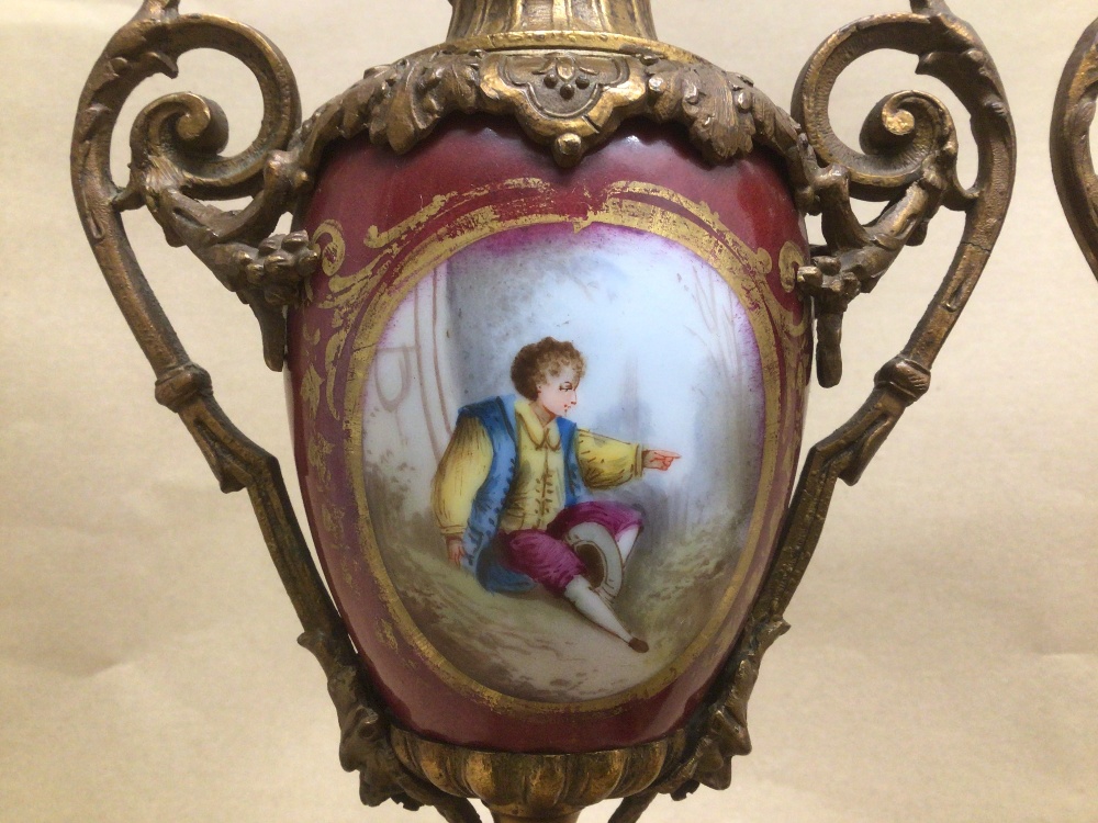 A PAIR OF HAND PAINTED PORCELAIN AND GILT METAL 19TH CENTURY GARNITURE 39CM - Image 5 of 8