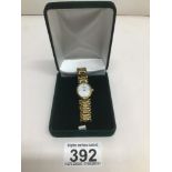 A LONGINES GOLD PLATED AND STAINLESS STEEL LADIES BRACELET WATCH REF L6200 2 WHITE DIAL CABOUCHON