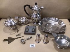 A QUANTITY OF SILVER PLATED ITEMS, MAPPIN AND WEBB ALSO A CHOCOLATE MOULD