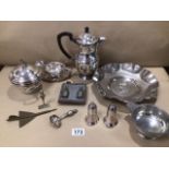 A QUANTITY OF SILVER PLATED ITEMS, MAPPIN AND WEBB ALSO A CHOCOLATE MOULD