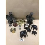 A MIXED BOX OF COLLECTABLES, TWO RESIN FIGURES IN LEAVES, PEWTER FIGURES AND EBONISED ELEPHANTS