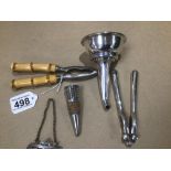 MIXED PLATED ITEMS WINE FUNNEL, STOPPER, AND NUTCRAKERS WITH BRANDY DECANTER LABEL
