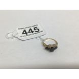 A THREE STONE SAPPHIRE 9CT GOLD RING O SIZE, 2 GRAMS