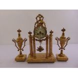 A French gilt metal and marble clock set, the circular enamel dial with Arabic numerals, supported