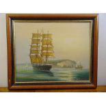 John Ambrose framed oil on canvas of a sailing ship, signed bottom right, 40.5 x 51cm