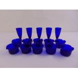 A set of five Bristol blue Bjorkshult Swedish tall glasses and ten double lipped bowls (15)