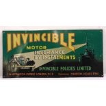 A rectangular polychromatic enamel sign for Invincible Insurance, 23.5 x 51cm