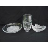 A Lalique leaf dish, a Stuart vase and a Lalique style glass bowl