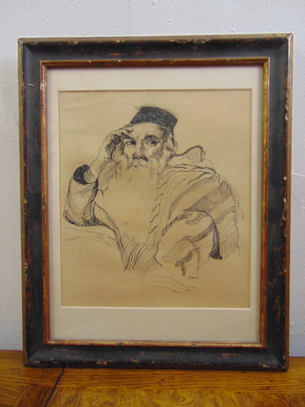 S. Lane framed and glazed monochromatic pen and ink drawing of a Rabbi, signed bottom right, 27 x