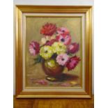 C. Leon Strickland framed oil on panel still life of flowers, signed bottom left, 56 x 46cm