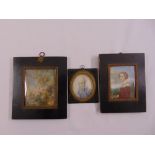 Three framed miniatures of a landscape, a lady and a gentleman