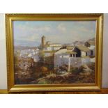 Manuel Cuberos framed oil on canvas of Spanish houses on a cliffside, signed bottom left, 59 x 71cm