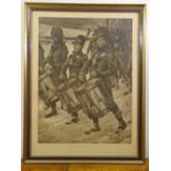 A framed and glazed monochromatic etching of Russian soldiers marching with drummers in the
