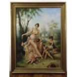 A framed oil on canvas of a classical maiden with putti, 122 x 91cm