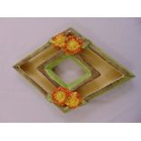 Clarice Cliff geometric flower holder with applied floral clusters, marks to the base