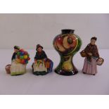 A quantity of porcelain to include three Royal Doulton figurines and a Moorcroft vase