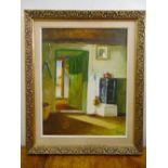 Birch framed oil on canvas of an interior scene, signed bottom right, 50 x 40.5cm
