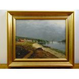 A framed oil on canvas of a country landscape with a river and houses, 38.5 x 48.5cm