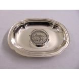 White metal shaped rectangular dish with inset coin stamped 925 sterling