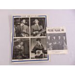 A Beatles poster showing the four members signed by George Harrison and three song sheets from The