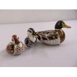 Royal Crown Derby figurines of three ducks with gold seal marks to the bases (3)