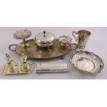 A quantity of silver plate to include a tray, dishes and condiments