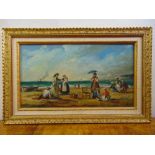 J Martorell framed oil on canvas of figures in 19th century dress gathering on a beach, signed