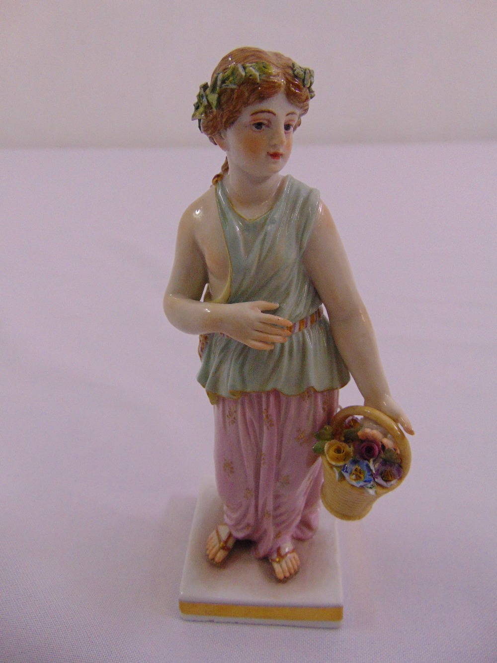 Sitzendorf figurine of a classical lady holding flowers on square base