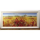 A framed oil on canvas of a poppy field indistinctly signed bottom right, 61 x 152cm