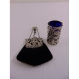 An Art Nouveau silver mounted velvet ladies bag, London 1901 and a pierced silver cylindrical vase