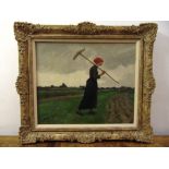 Aime Perret a framed oil on canvas of a French rural worker, entitled La Faneuse, signed bottom