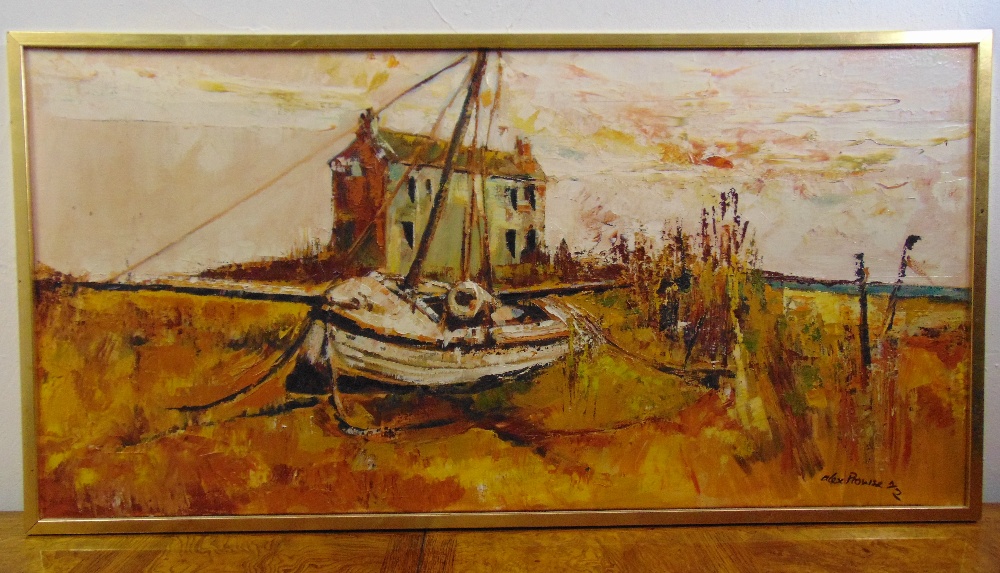 Alex Prowse framed oil on canvas of a fishing boat on a beach, signed bottom right, 50 x 101.5cm
