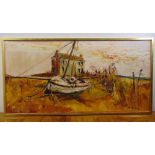 Alex Prowse framed oil on canvas of a fishing boat on a beach, signed bottom right, 50 x 101.5cm